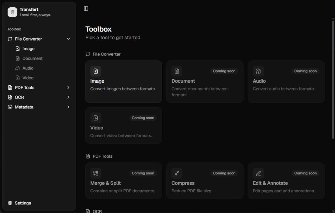 Transfert's Toolbox screen, listing every file conversion and cleanup tool