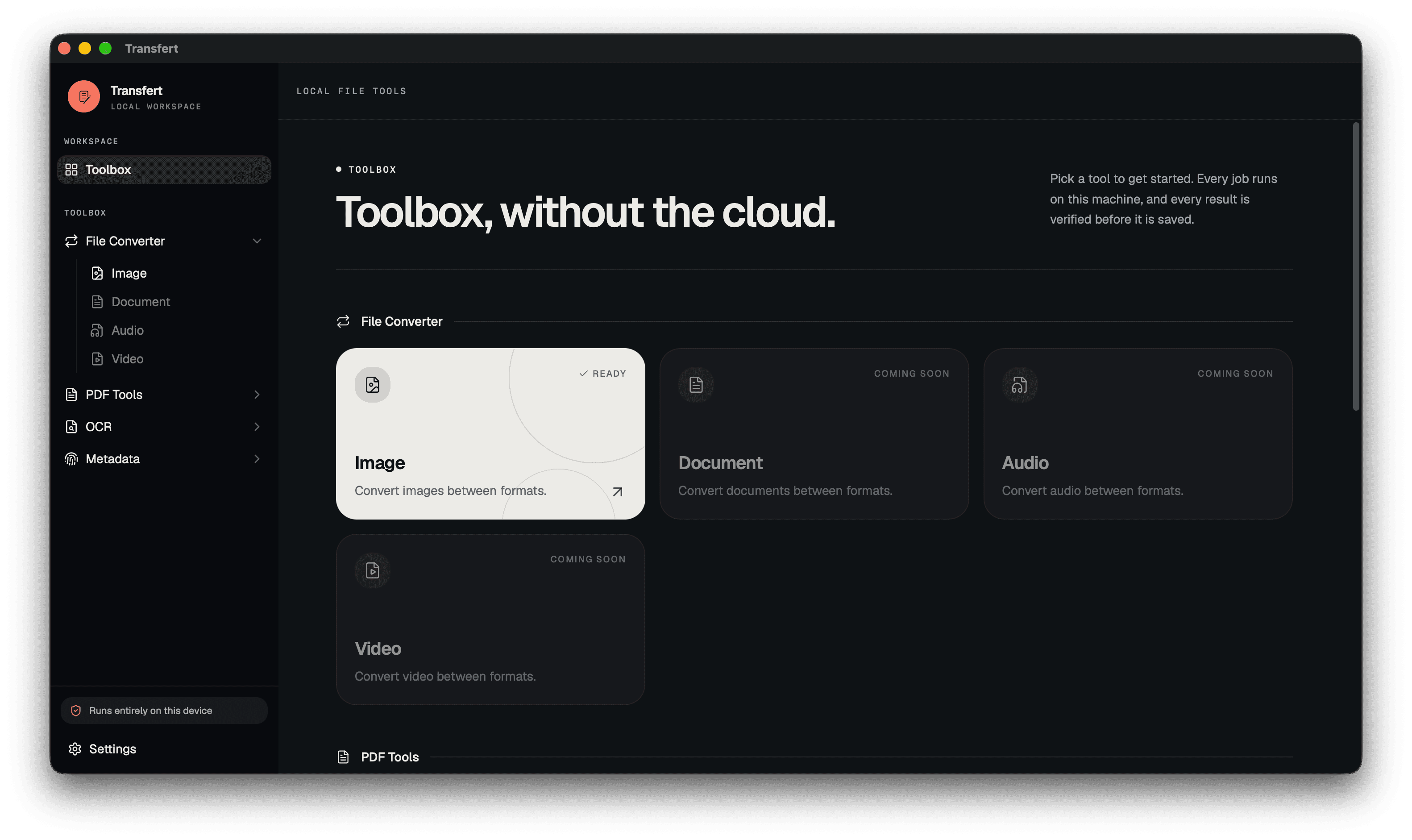 The Transfert desktop toolbox with its file utilities
