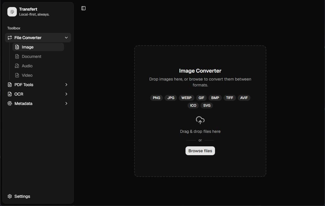 The Image Converter's drag-and-drop screen, listing supported formats