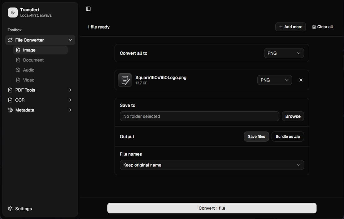 A file queued for conversion, with format, destination and naming options